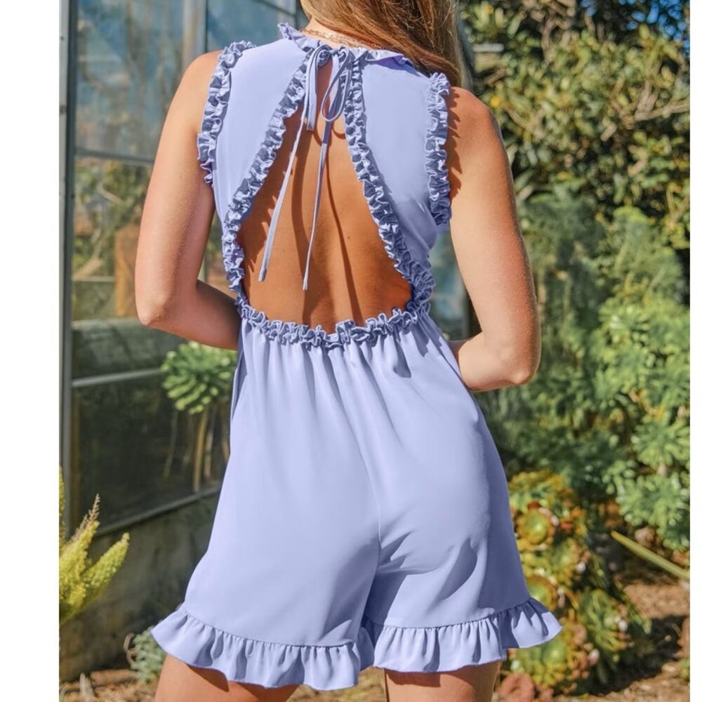Cupshe Lavender Sleeveless V-Neck Ruffle Hem Romper Large NWT Festival Vacation - Picture 2 of 12
